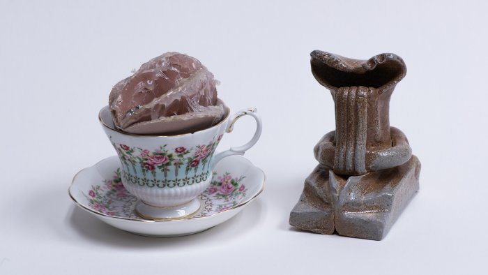 Jessie Zelko, Teacup (1), mixed media; Deanna Burnett (Idol Sort of Form), salt-fired ceramics