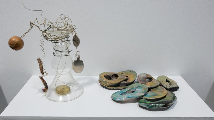Jennifer Margetish, Mobility, mixed media; Chale Roddick, Untitled, raku-fired ceramics