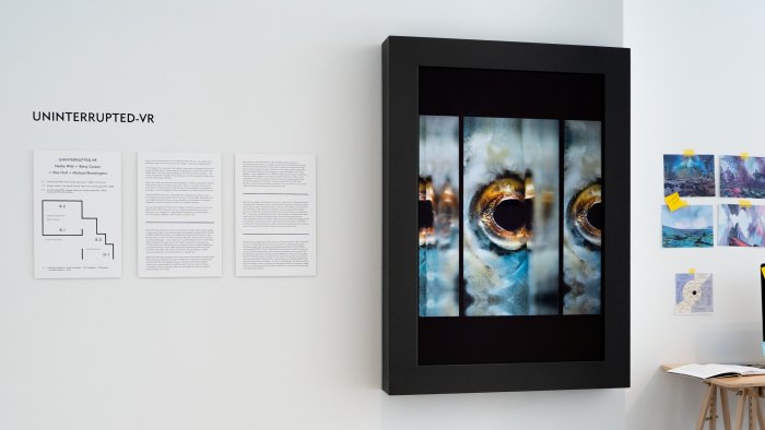 "Uninterrupted-EYES", looped video from "Uninterrupted-VR" by Nettie Wild, Betsy Carson, Rae Hull, and Michael Brockington. Photo credit: Taylor Robinson.