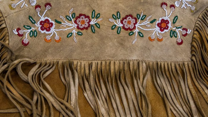 Beaded Moose Hide Jacket gifted to MIKI'SIW Métis by a friend of our Respected Elder, Bryce Mercredi. Image by Gabriella Wong Hernandez
